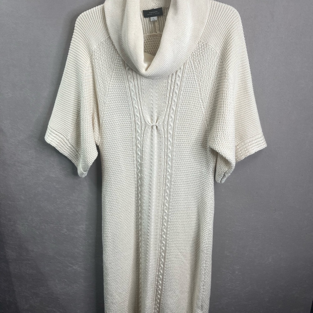 Tahari Ivory Cable Knit Cowl Neck Sweater Dress Size L